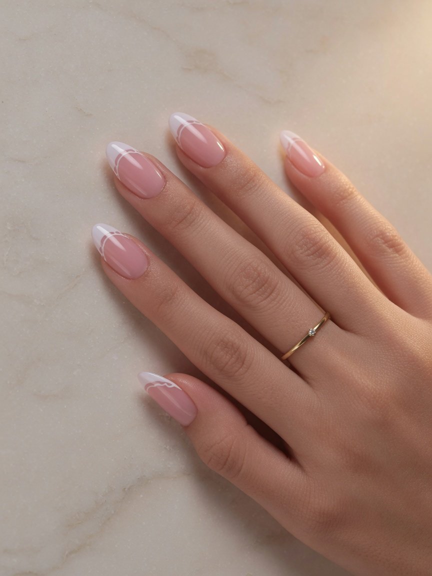 Elegant nude almond manicure with bronze micro-French tips