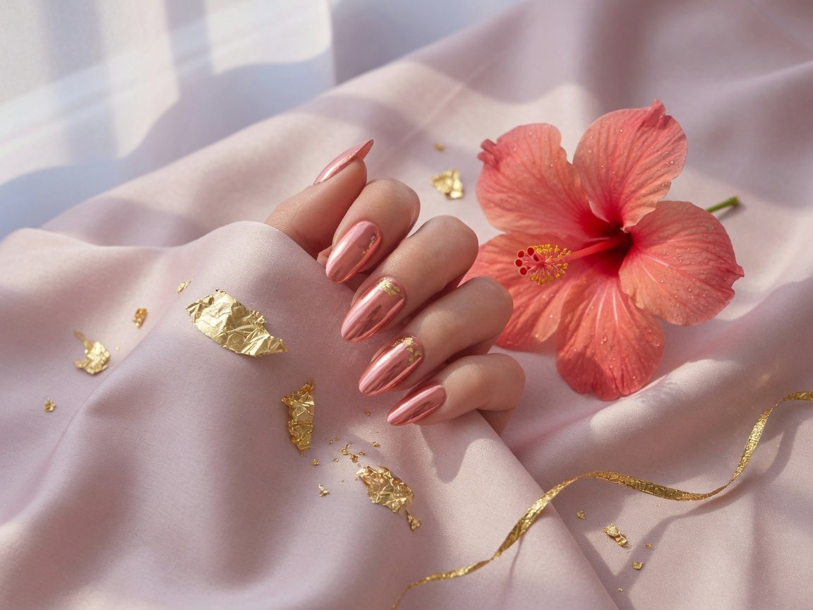 Nude manicure with fine gold nail art