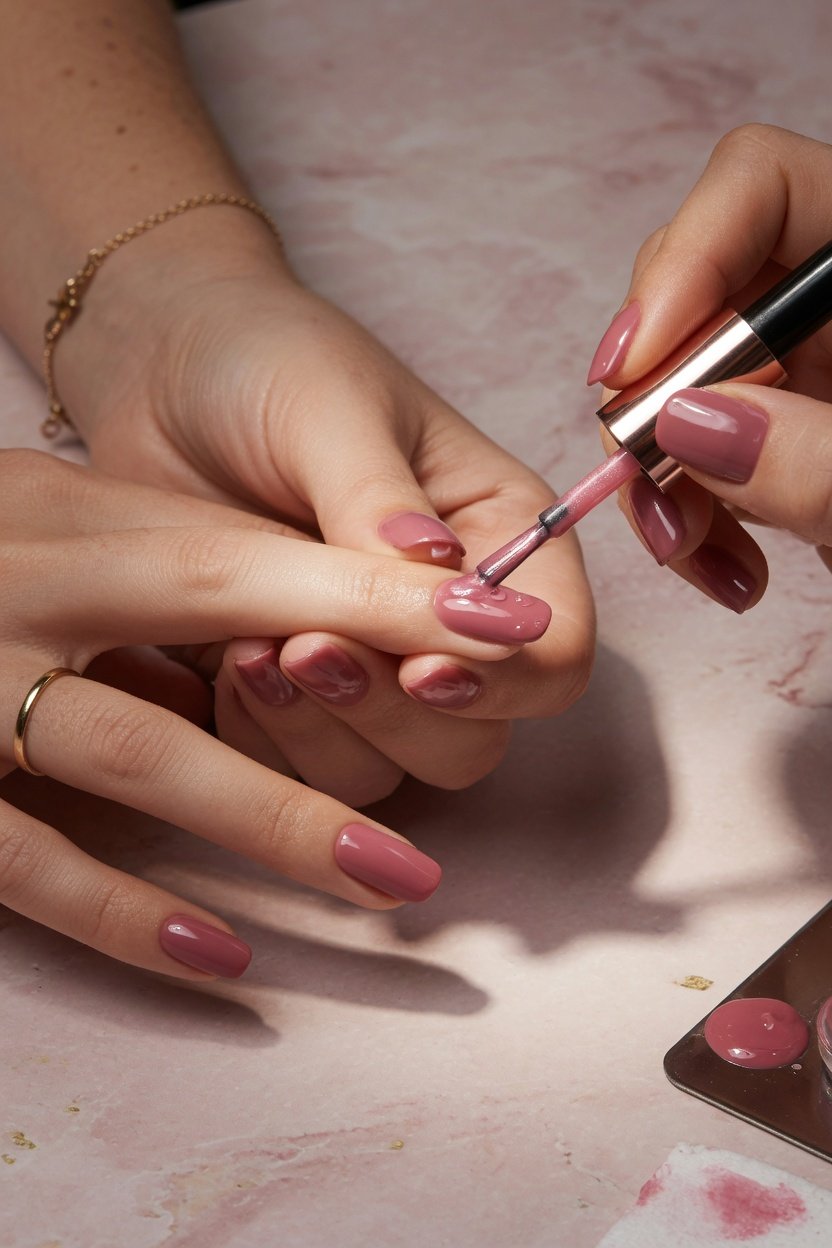Nail technician carefully applying a nude gel manicure